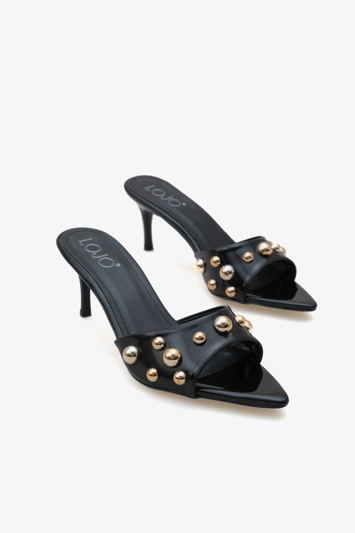 kadın altın taşlı topuklu sivri burun günlük terlik Dora