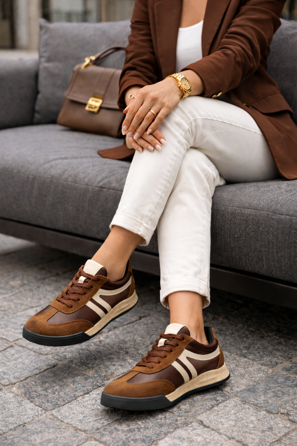 Kadın Bağcıklı Süet Detaylı Kalın Taban Günlük Spor Ayakkabı Elvigos Kahve