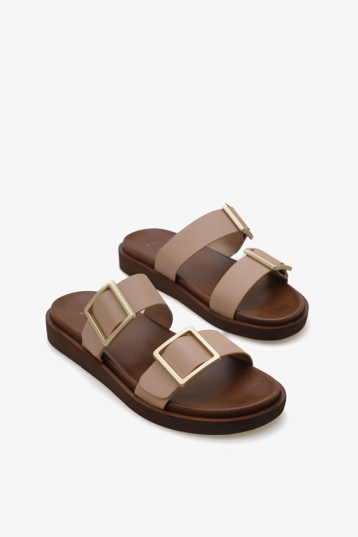 kadın çift bantlı altın tokalı günlük terlik Cesy