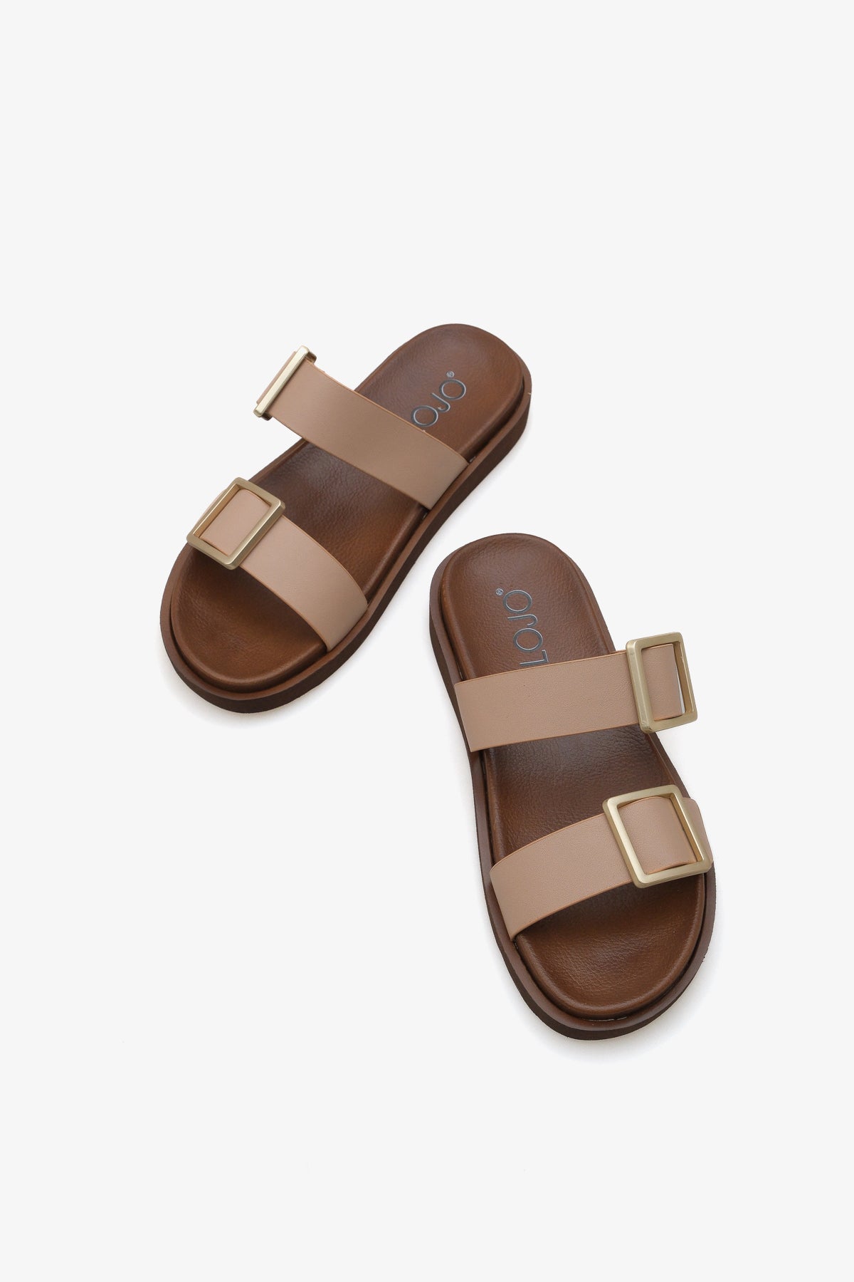 kadın çift bantlı altın tokalı günlük terlik Cesy