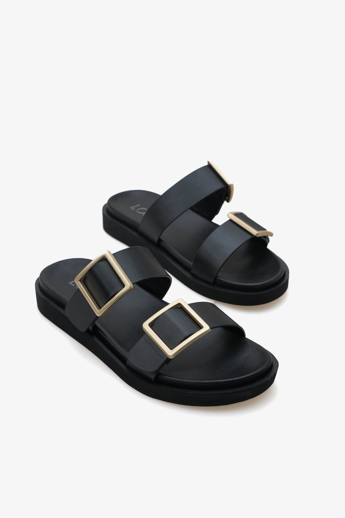 kadın çift bantlı altın tokalı günlük terlik Cesy