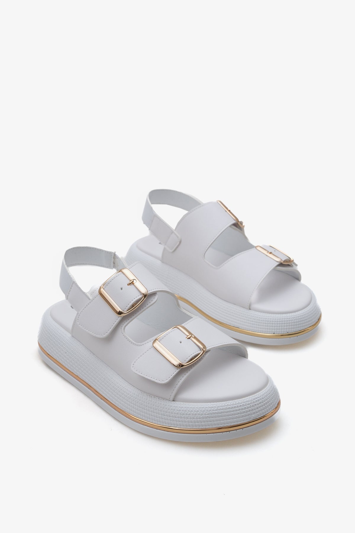 Kadın çift bantlı altın tokalı kalın taban günlük sandalet limbo