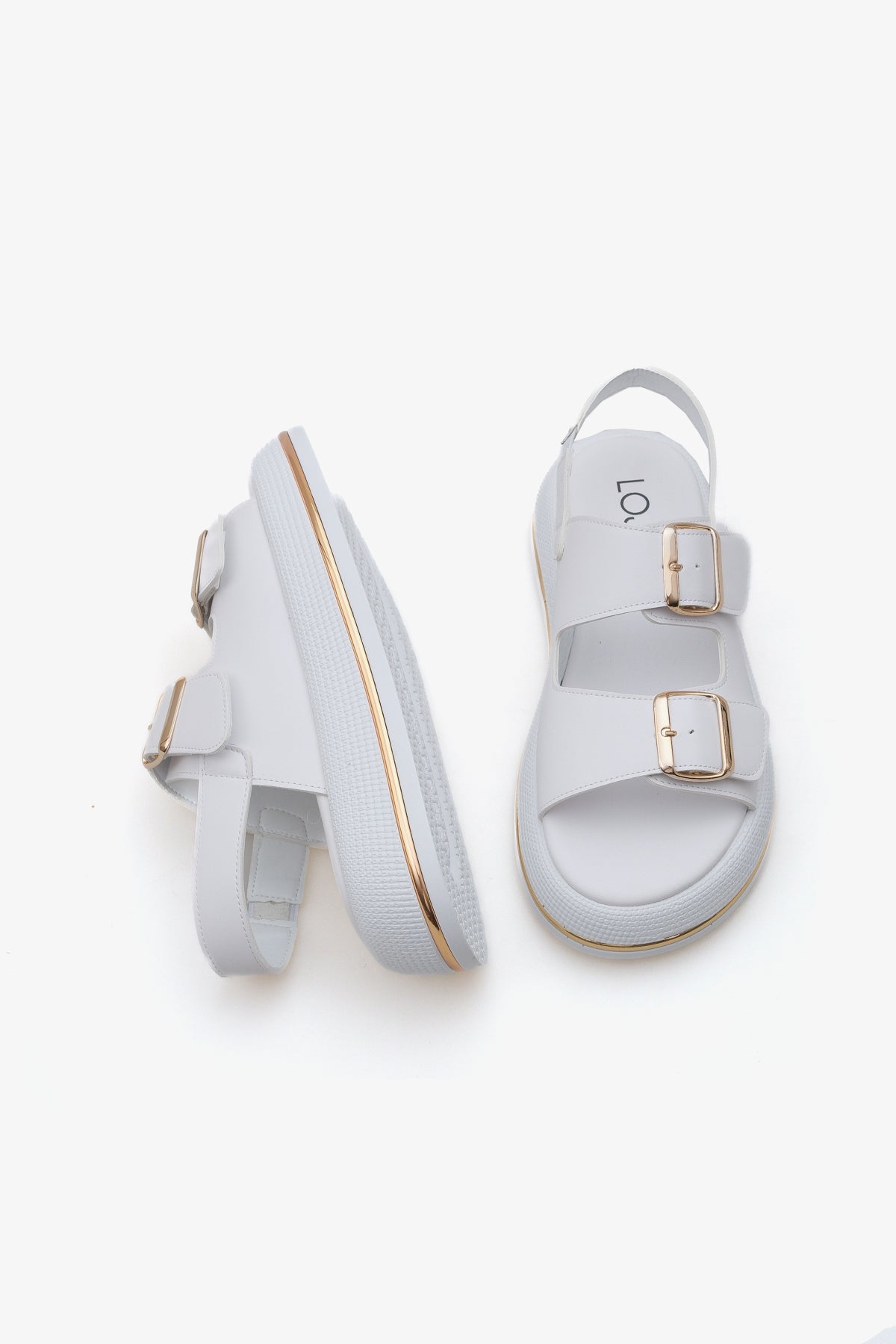 Kadın çift bantlı altın tokalı kalın taban günlük sandalet limbo