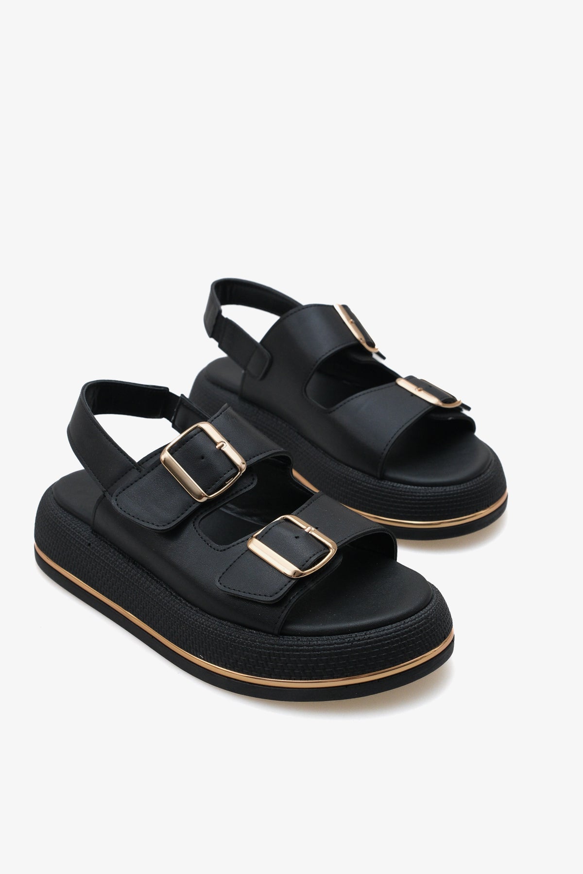 Kadın çift bantlı altın tokalı kalın taban günlük sandalet limbo