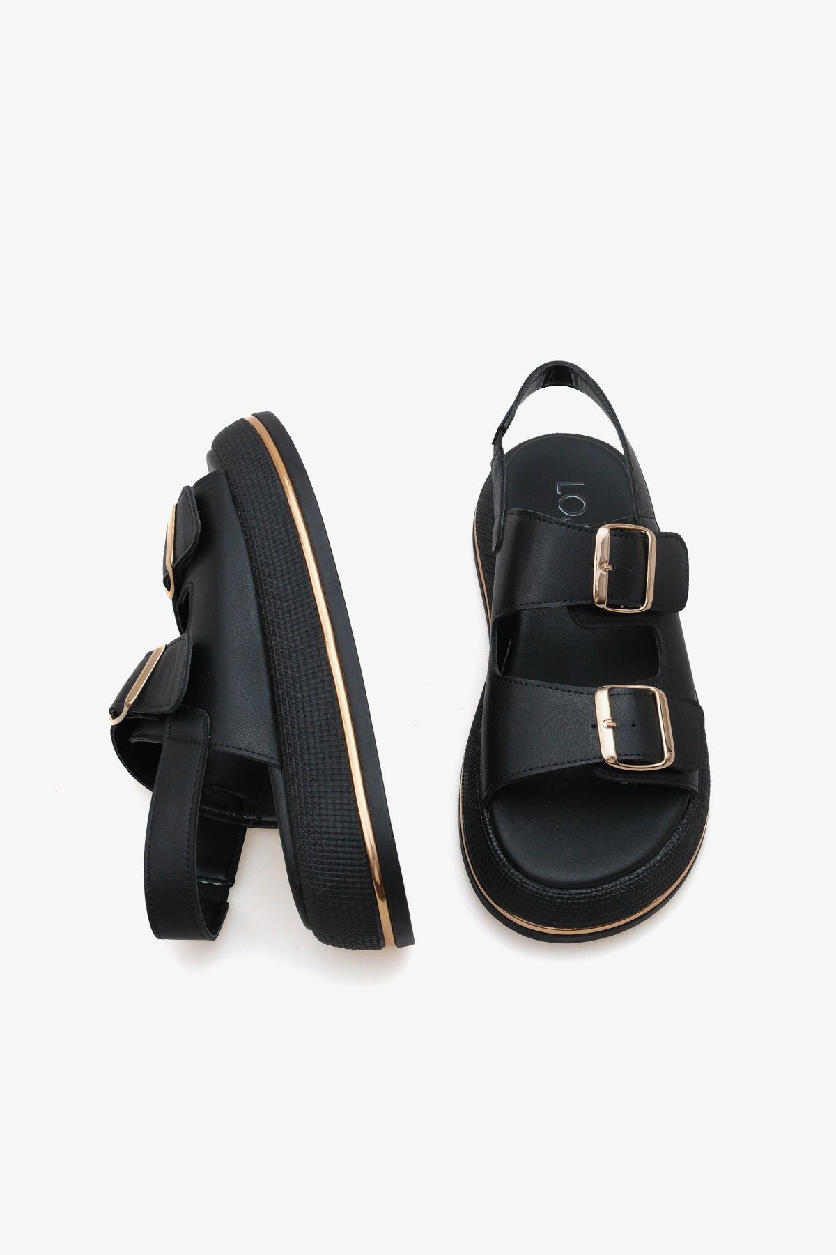 Kadın çift bantlı altın tokalı kalın taban günlük sandalet limbo