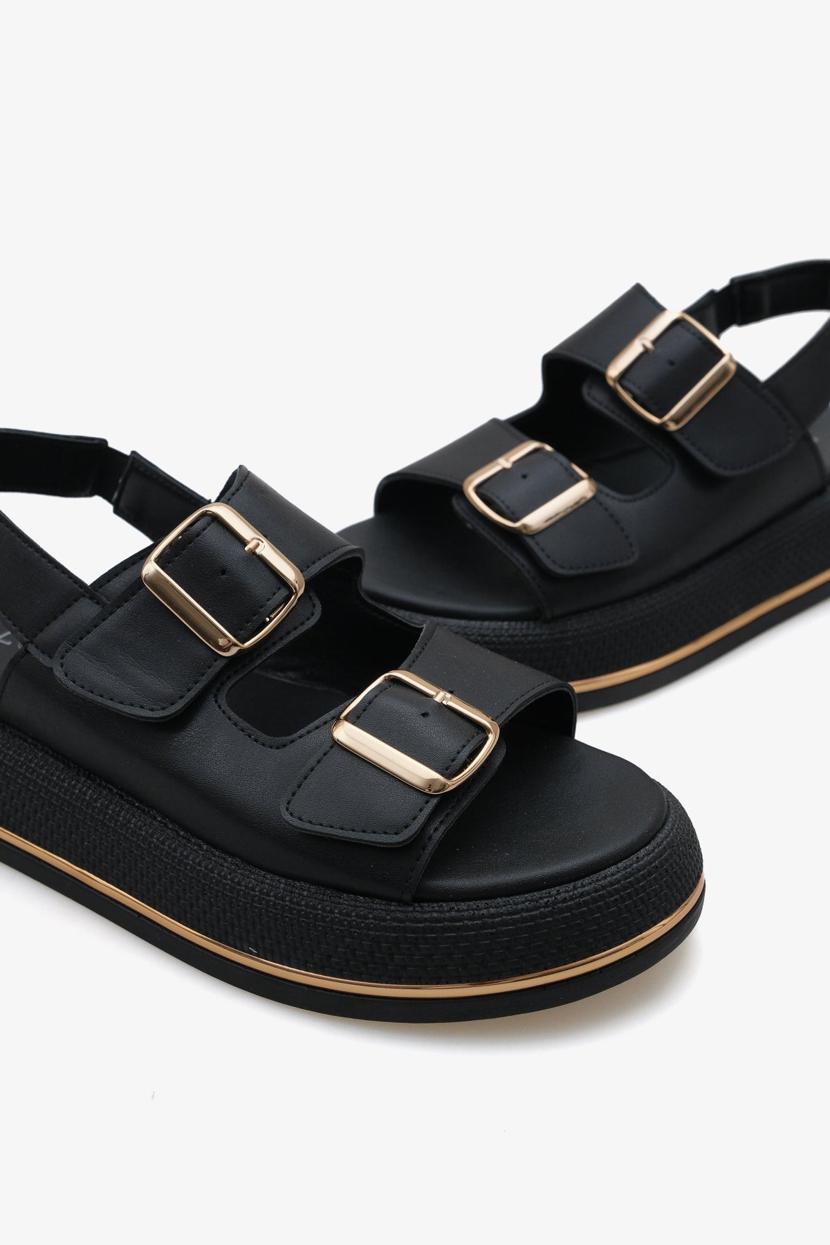 Kadın çift bantlı altın tokalı kalın taban günlük sandalet limbo