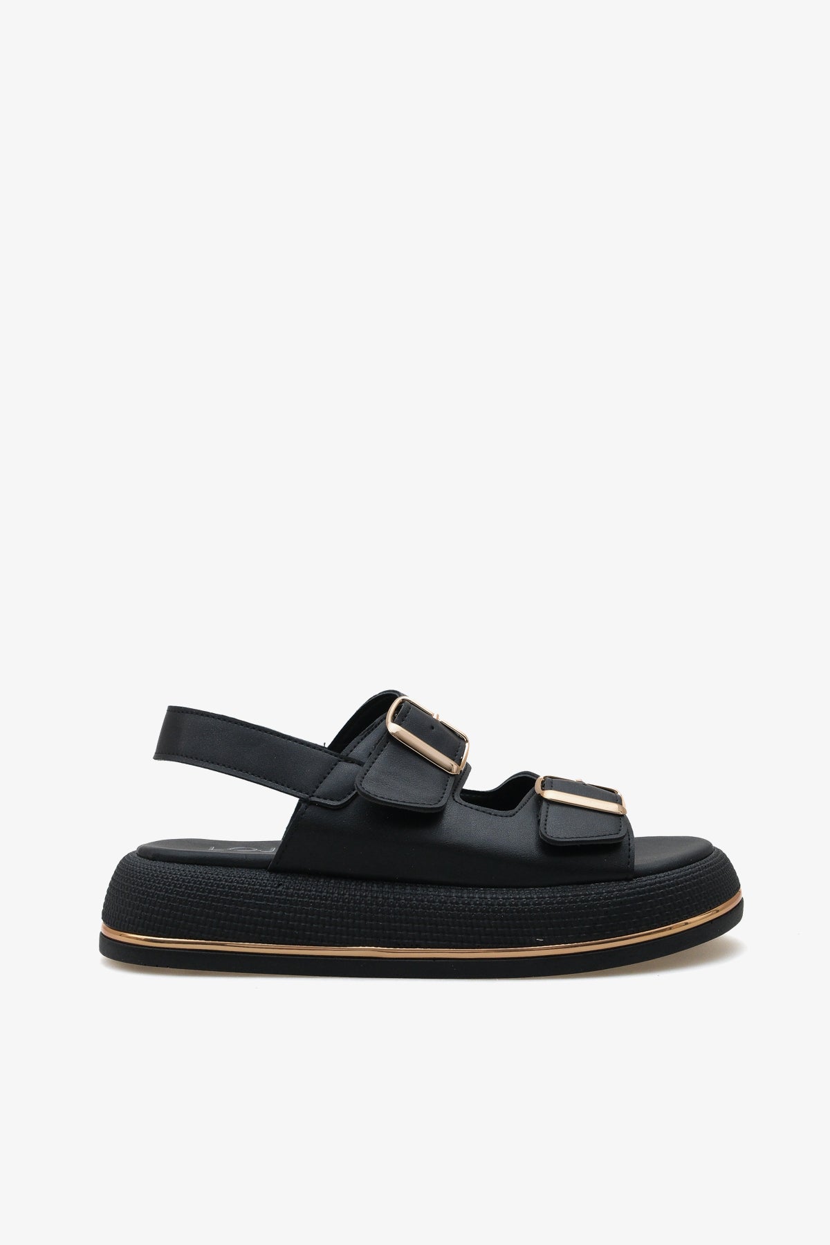 Kadın çift bantlı altın tokalı kalın taban günlük sandalet limbo