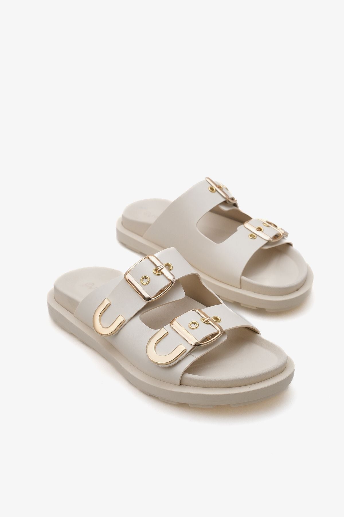 Kadın Çift Bantlı Altın Troklu Günlük Terlik Laris