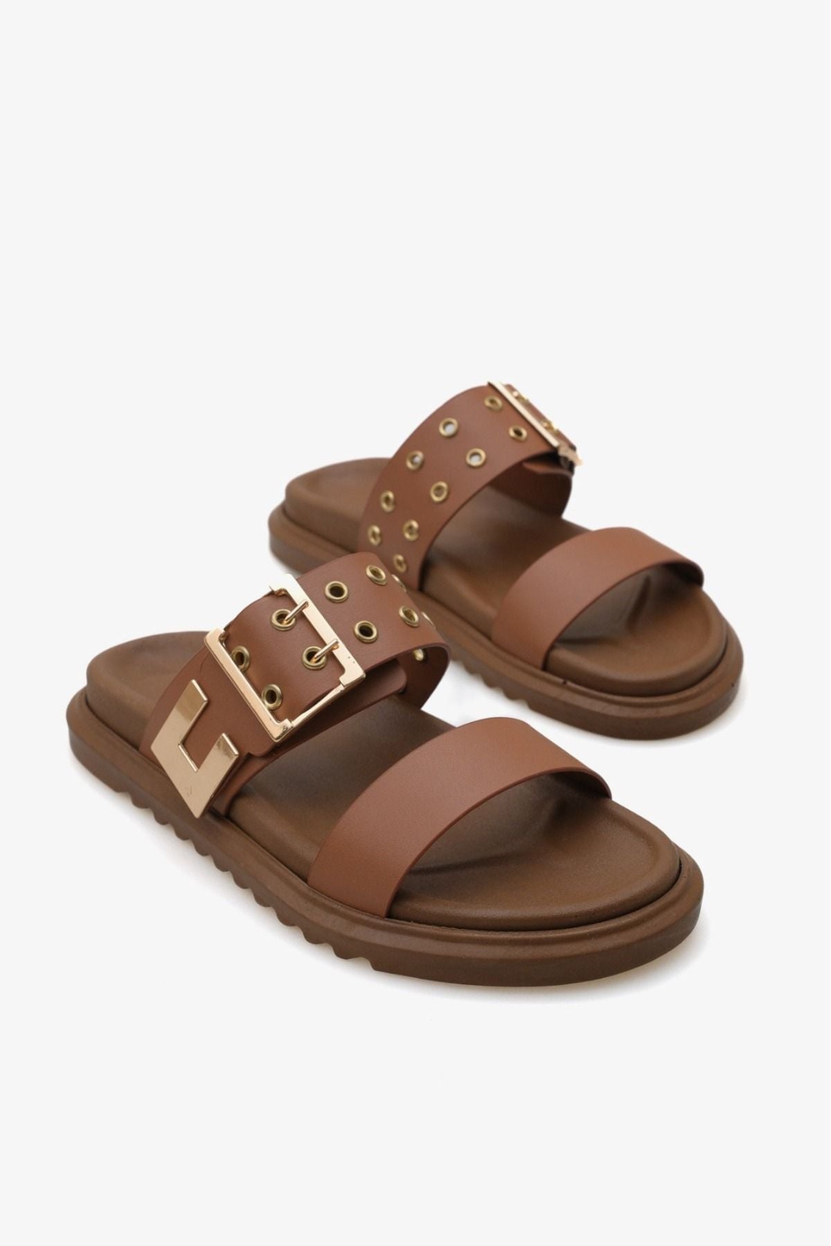 Kadın çift bantlı altın troklu tokalı günlük terlik Genty