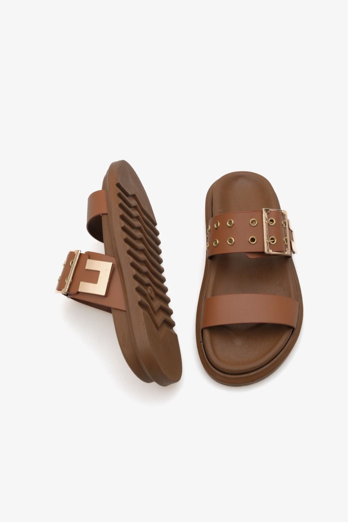 Kadın çift bantlı altın troklu tokalı günlük terlik Genty