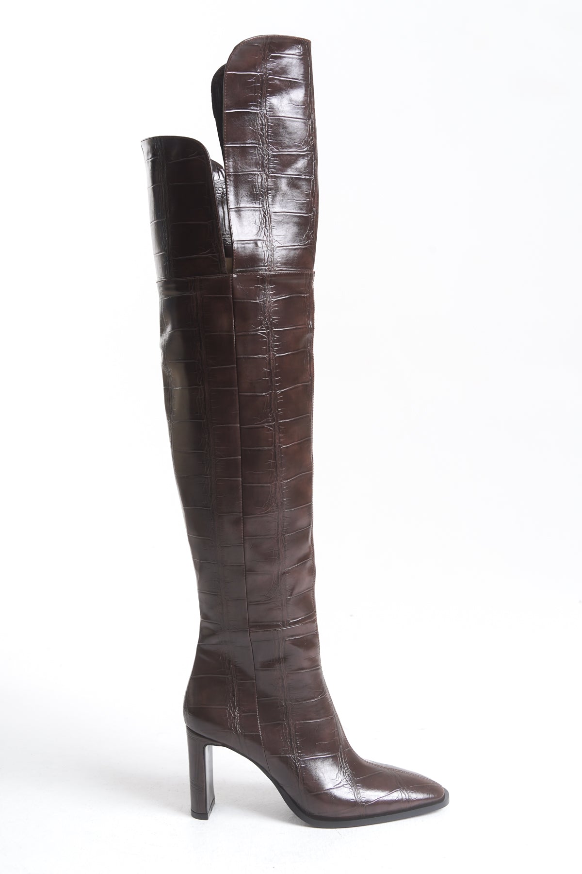 Kadın Diz Üstü  Yandan Fermuarlı Topuklu Kroko Çizme Mara Kahve