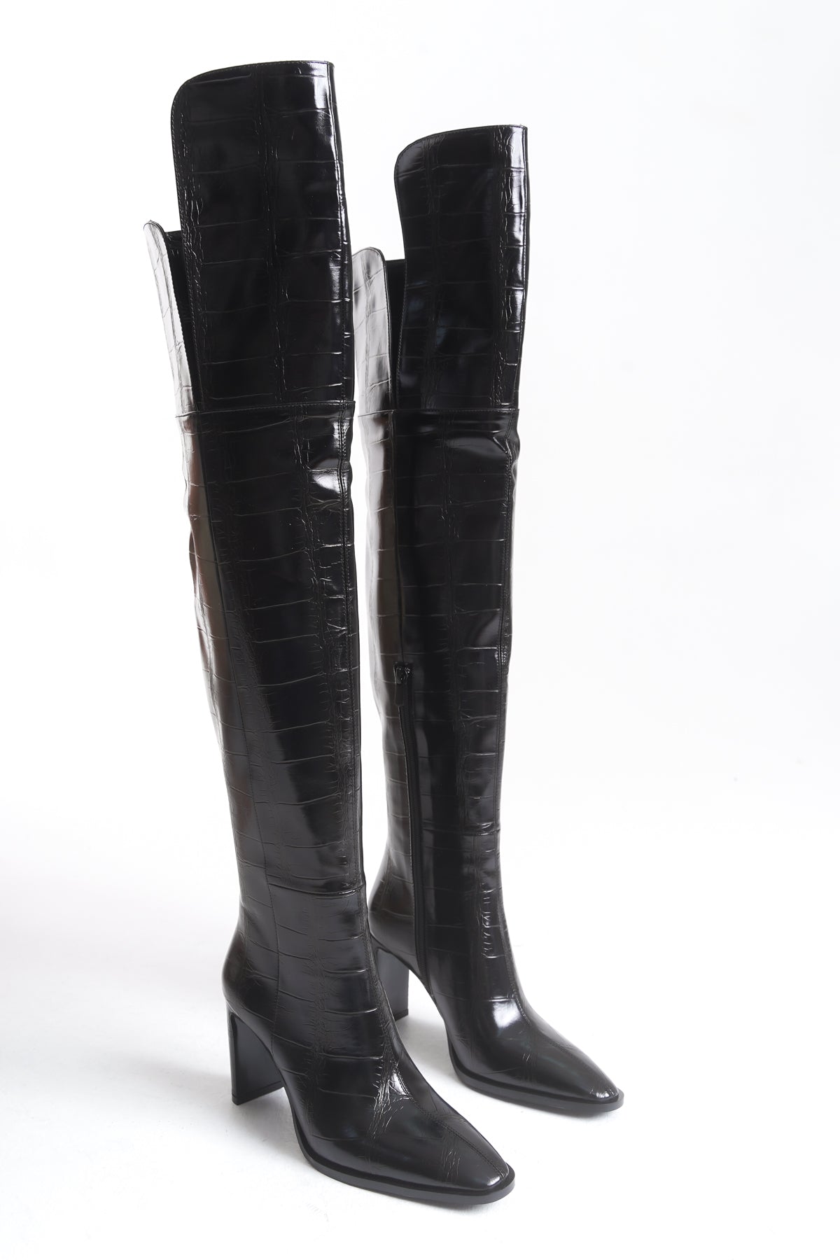 Kadın Diz Üstü  Yandan Fermuarlı Topuklu Kroko Çizme Mara Siyah