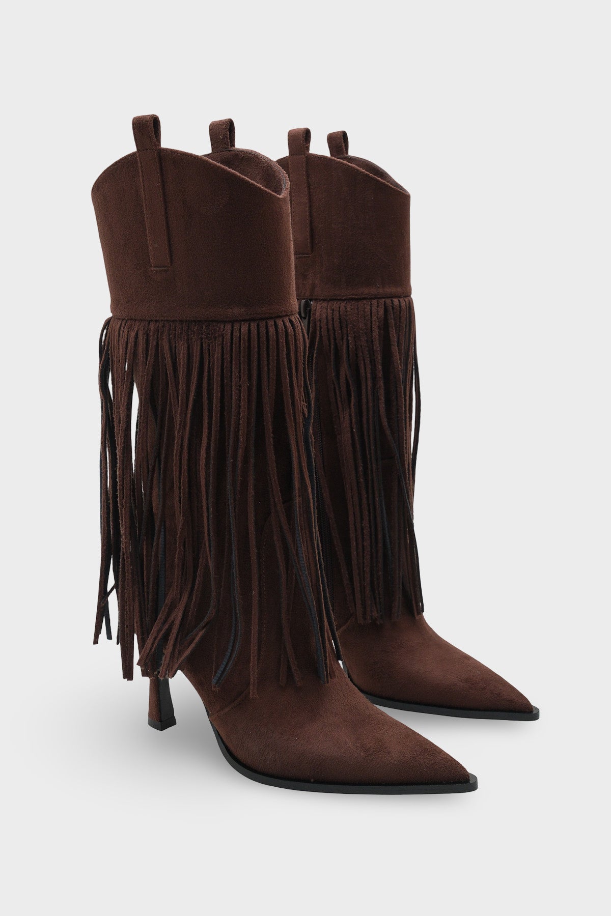 Kadın püskül Detaylı Topuklu Sivri Burun Kovboy Günlük Çizme Etersel Acı Kahve