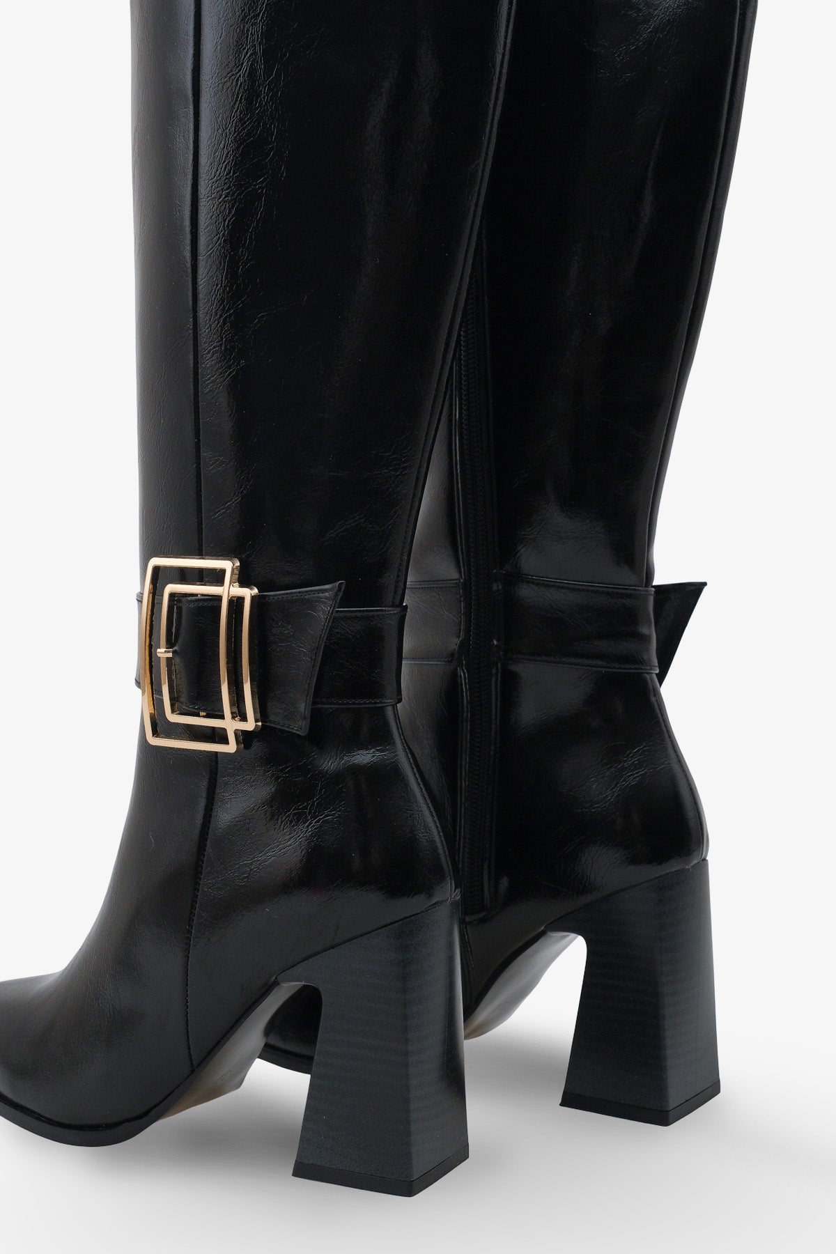 Kadın sivri Burun Yandan Fermuarlı Gold Kemer Tokalı Topuklu Çizme Slord Siyah