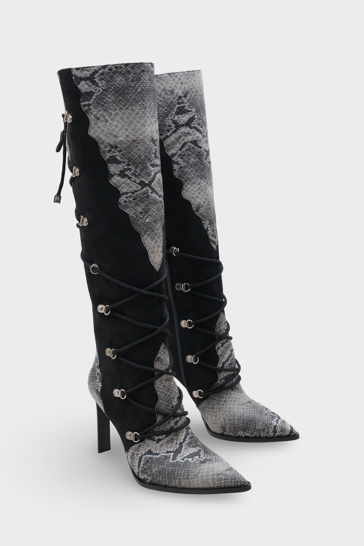 Kadın Sivri Burun Yılan Deri Desenli Topuklu Günlük Çizme Athenas Siyah