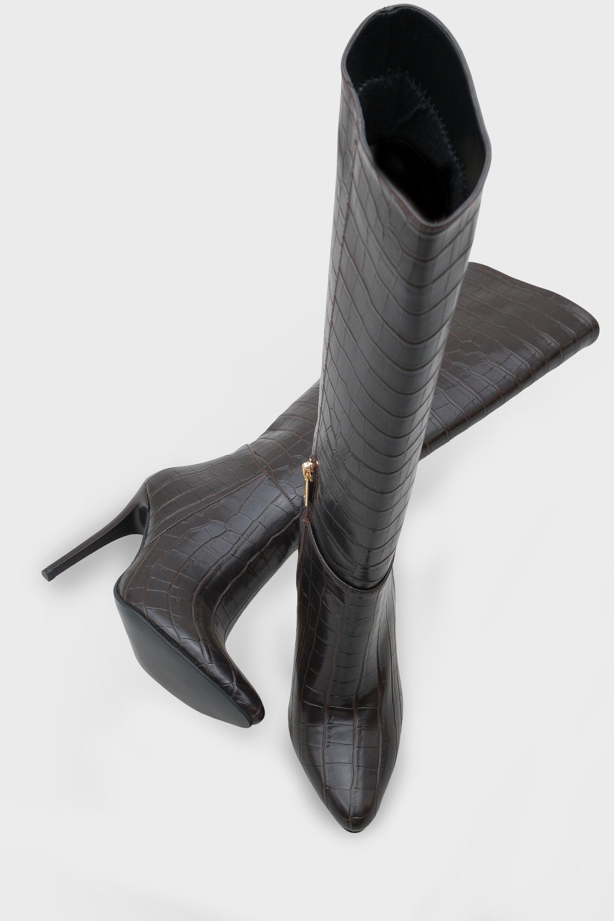 Kadın Sivri Burunlu Topuklu Yandan Fermuarlı Günlük Çizme Masi Kahve Kroko