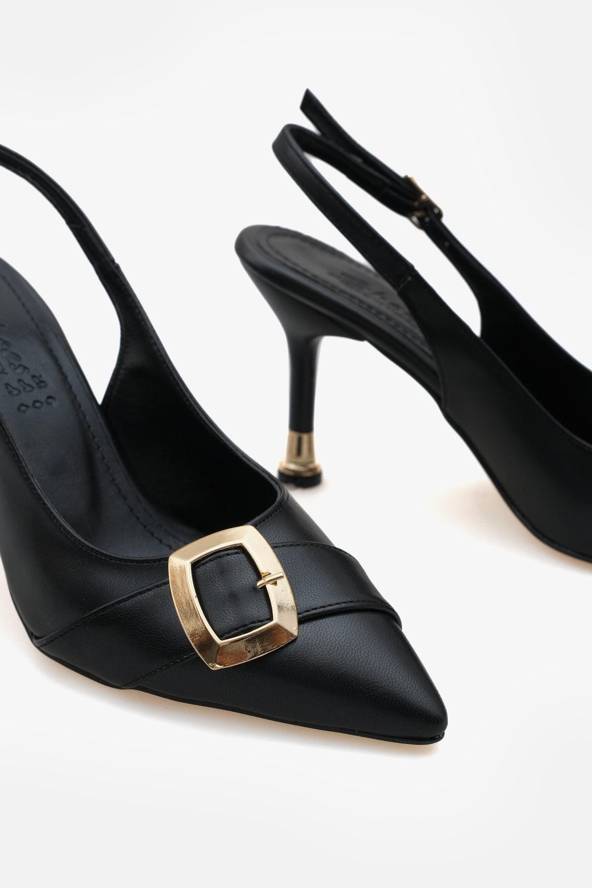 Kadın Tokalı Sivri Burun Arkası Açık Bantlı Topuklu Stiletto Eldora Bej