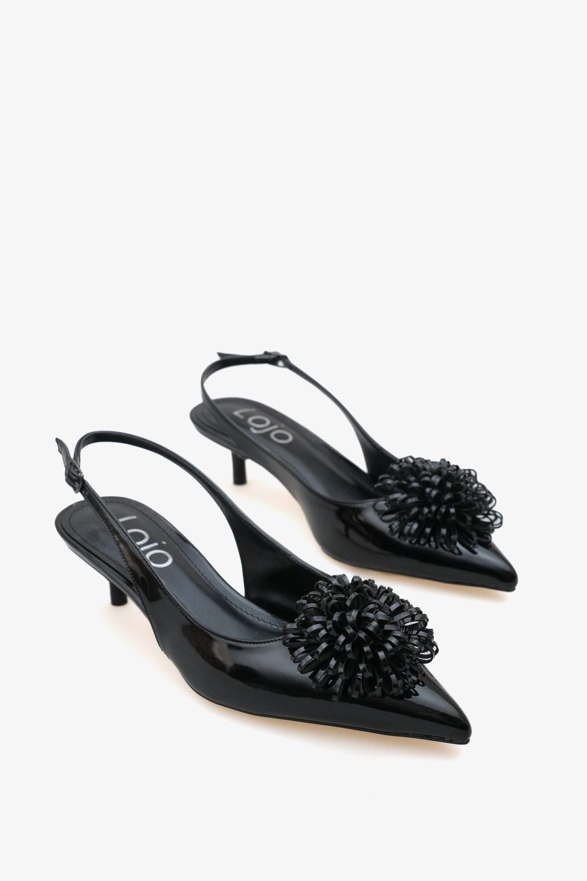Kadın Çiçek Tokalı Arkası Açık Sivri Burun Topuklu Stiletto Fernas Siyah