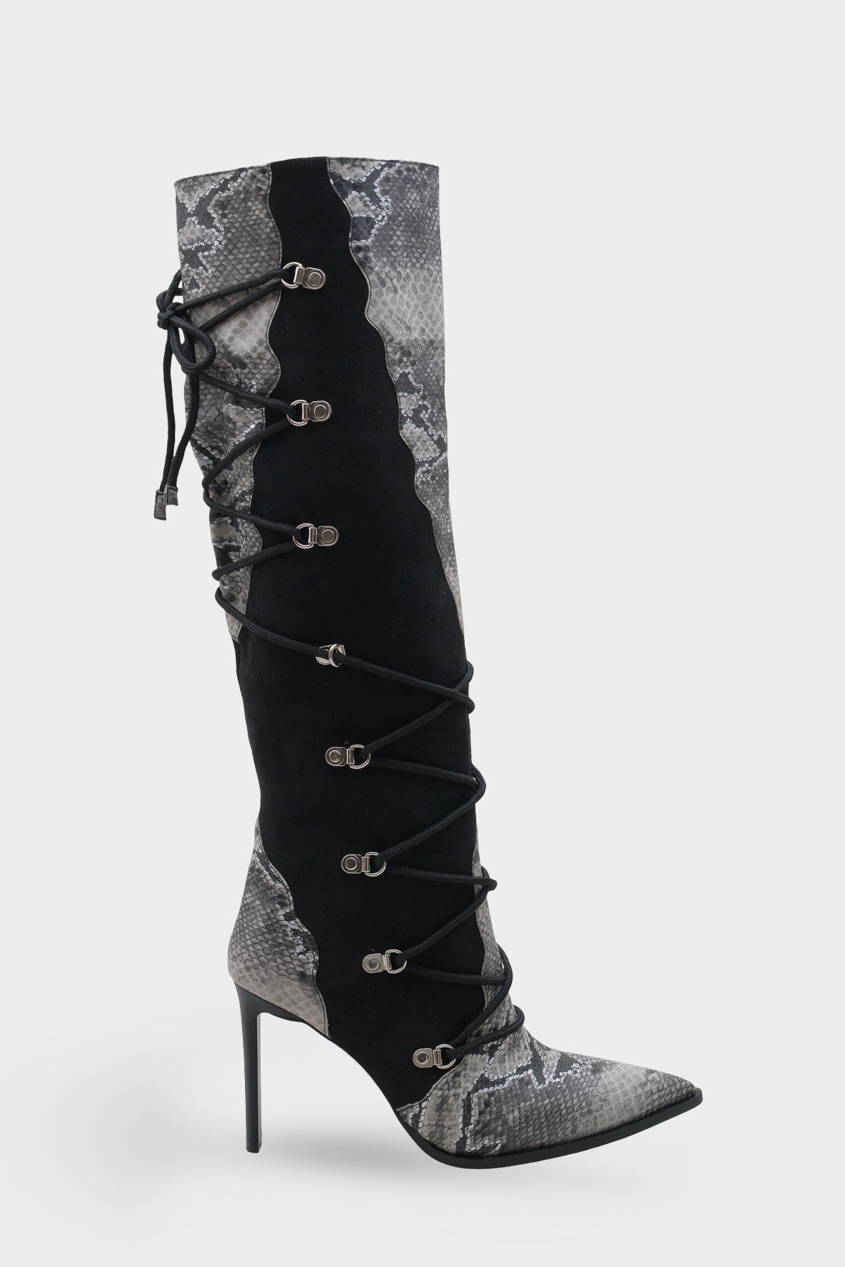 Kadın Sivri Burun Yılan Deri Desenli Topuklu Günlük Çizme Athenas Siyah