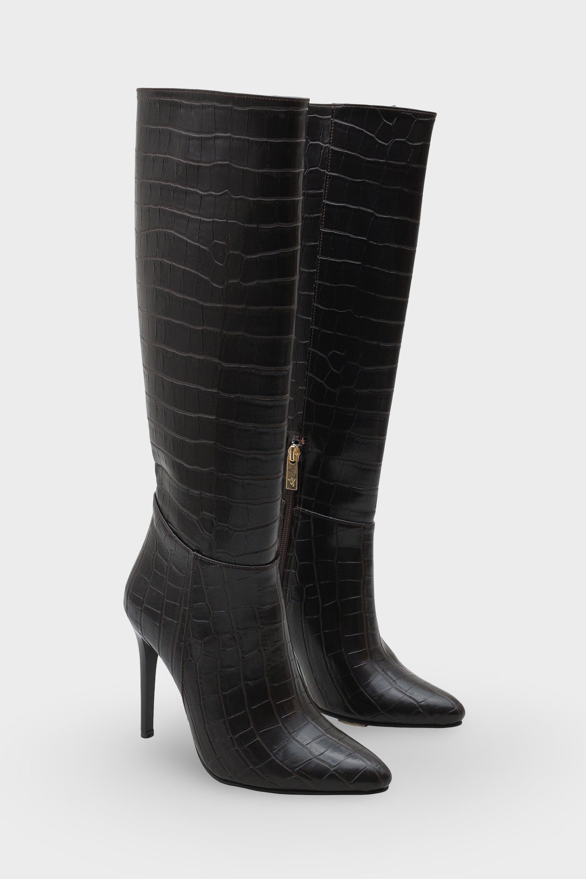 Kadın Sivri Burunlu Topuklu Yandan Fermuarlı Günlük Çizme Masi Kahve Kroko