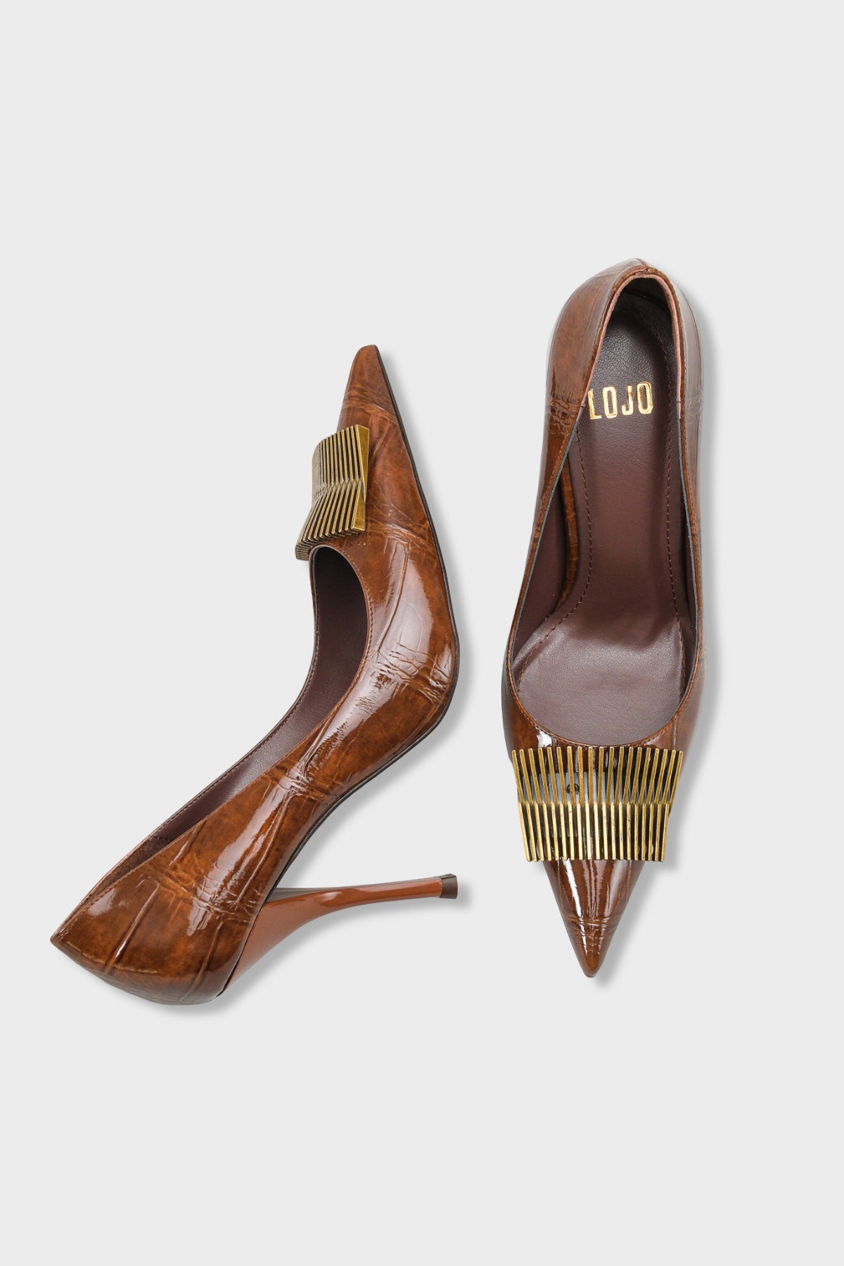 Kadın Stiletto Sivri Burun Altın Toka Detaylı Günlük Topuklu Ayakkabı Corso Kahve Kroko