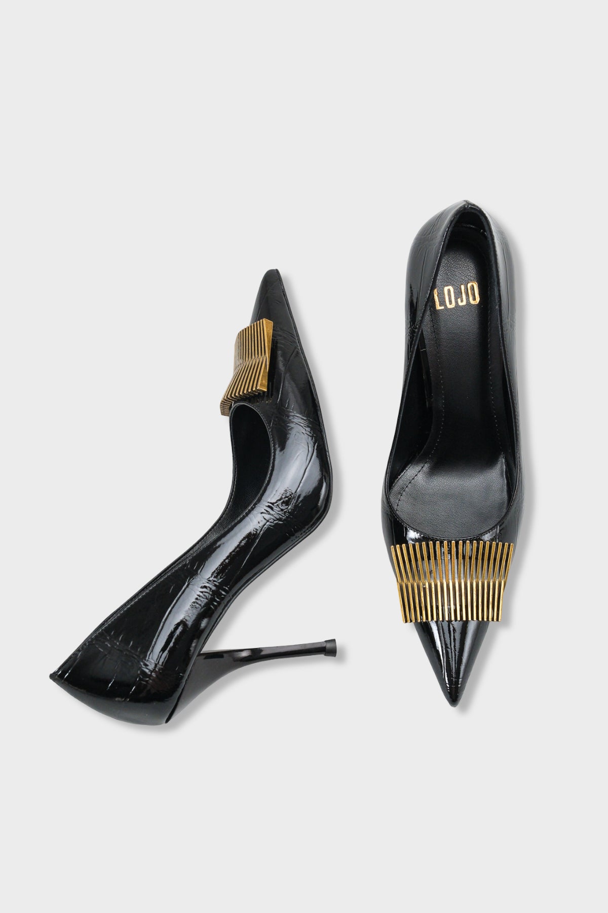 Kadın Stiletto Sivri Burun Altın Toka Detaylı Günlük Topuklu Ayakkabı Corso Siyah Kroko
