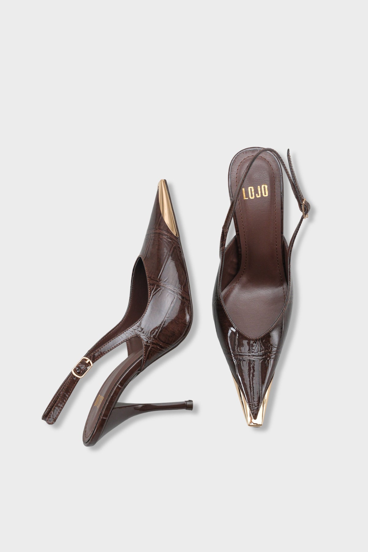 Kadın Stiletto Sivri Burun Arkası Bantlı Günlük Topuklu Ayakkabı Rivori Kahve Kroko
