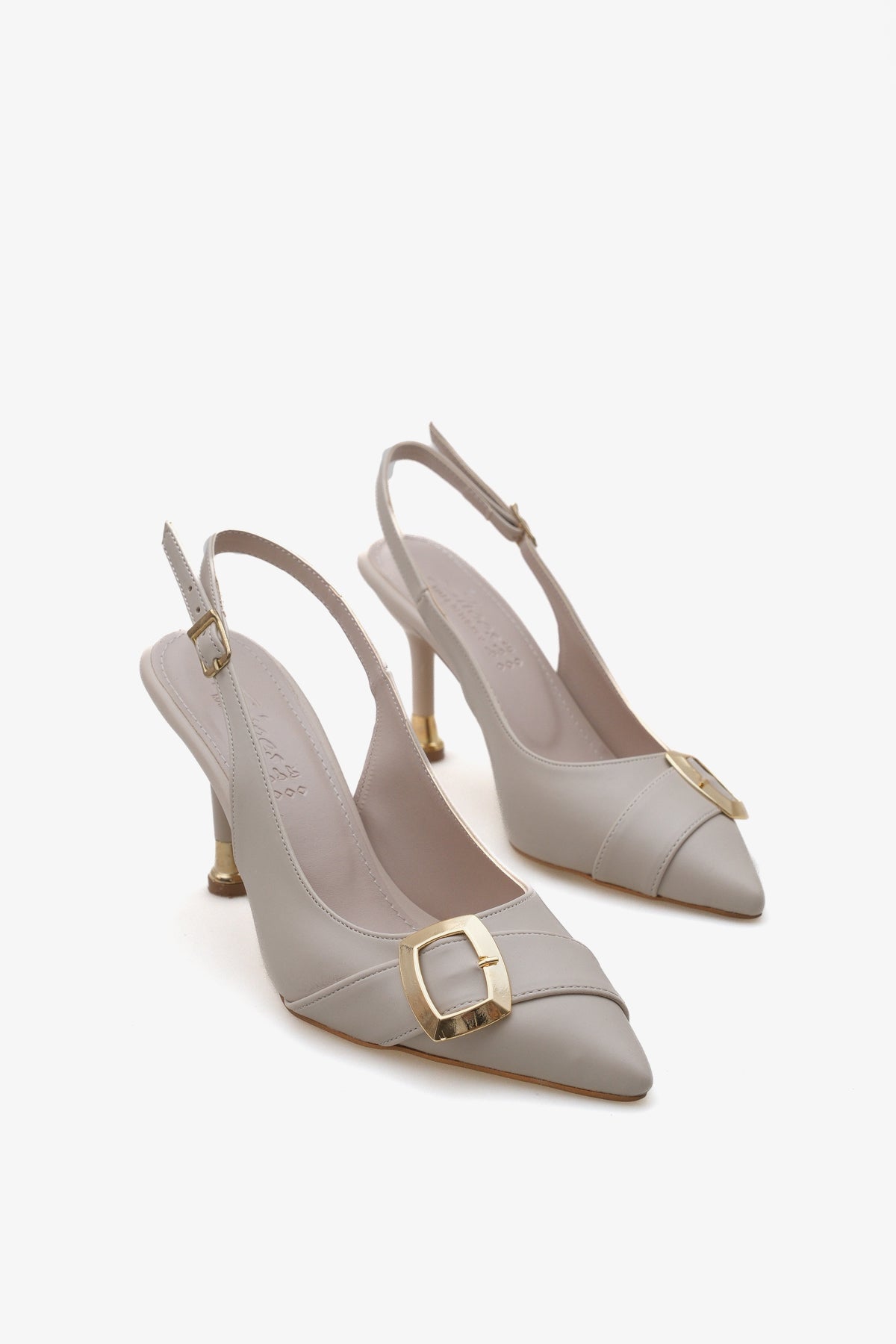Kadın Tokalı Sivri Burun Arkası Açık Bantlı Topuklu Stiletto Eldora Bej